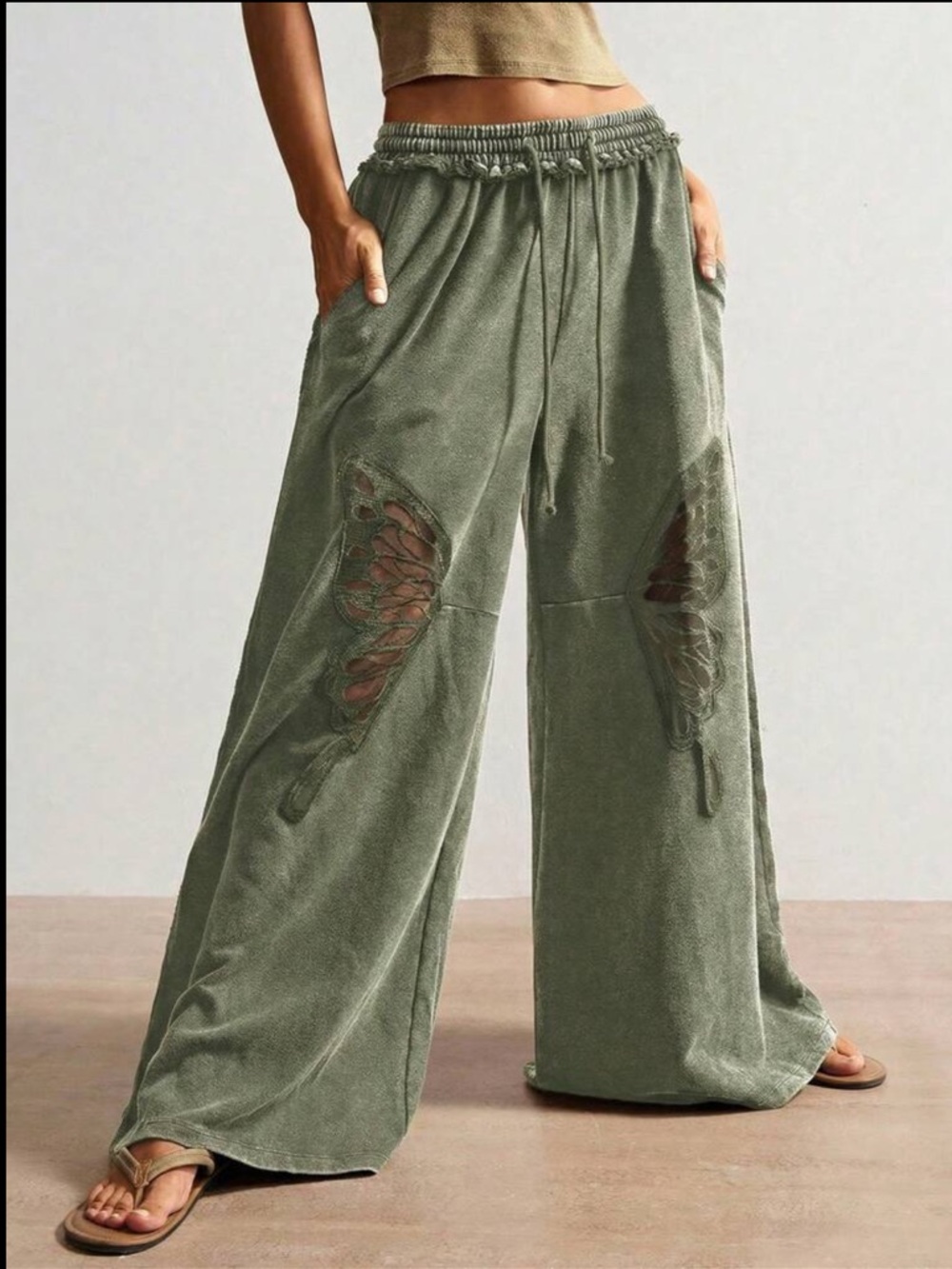 Boho Loose Sheer Butterfly Appliqué Lace details Wide Leg Pants Green